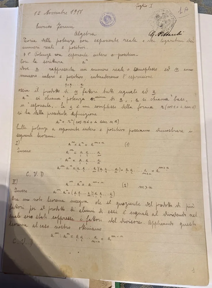 Fermi's handwritten algebra examination with powers and complex numbers