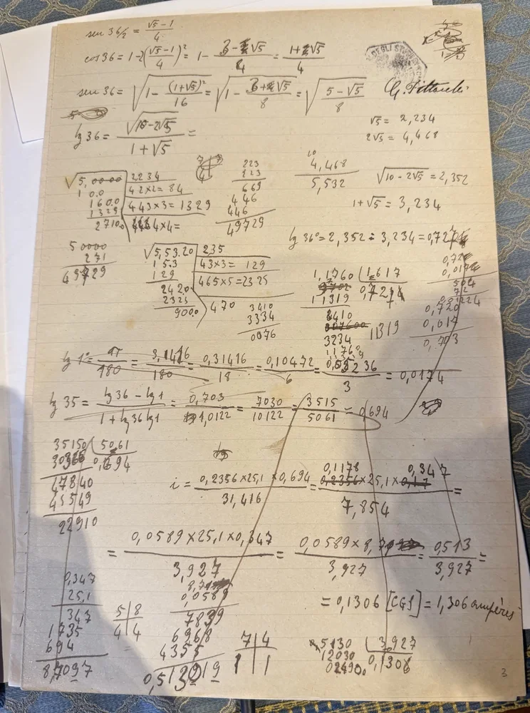 A manuscript page of trigonometric expressions and numerical calculations