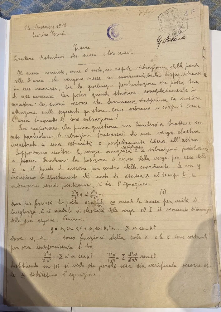 Fermi's handwritten physics examination headed 14 November 1918, on the characteristics of sound