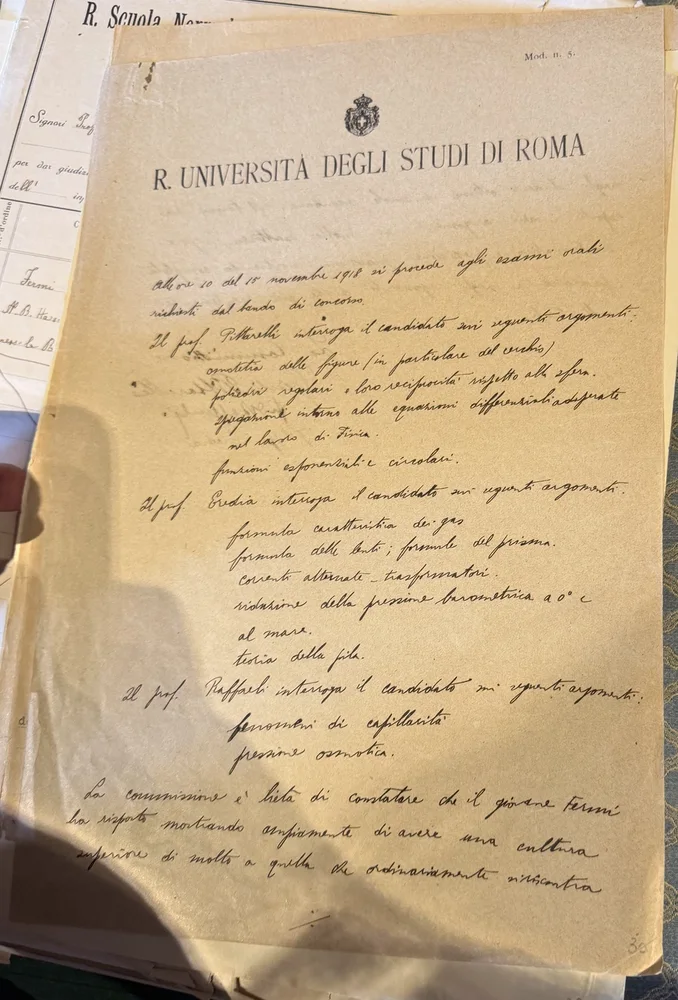 Handwritten document headed R. Università degli Studi di Roma